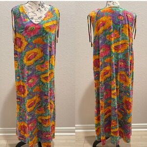 VTG Daffodil Loungewear Maxi Dress 1X Floral Colorful Sleeveless Cotton Blend